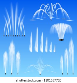 Decorative outdoor water jets fountains set of 7 various shapes size range against blue background vector illustration 