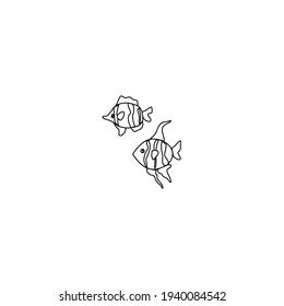 Decorative outline coral fish, wild animal, cartoon character design, Cute flat vector marine illustration  isolated on white, fish for design zoo alphabet, children invitation, greeting cards