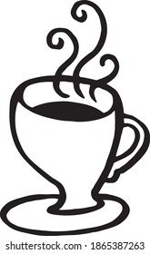 Dibujo decorativo de una taza de café caliente o té - imagen en blanco y negro. Elemento aislado. Ilustración vectorial realizada después de un dibujo a mano.
