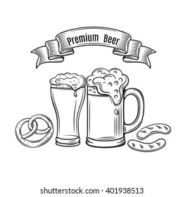 Decorative outline monochrome icons glasses of beer. Vector illustration of beer in the old ink style