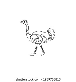 Decorative outline ostrich, Australian wild animal, Tropical bird cartoon character design, Cute flat vector illustration isolated on white, for design zoo alphabet, invitation, greeting cards
