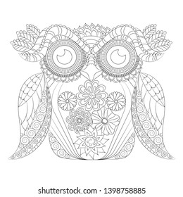 Decorative outline owl.Coloting page with the bird. Vetor.