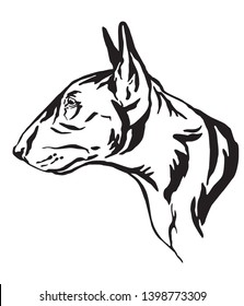 Decorative outline portrait of Bull Terrier Dog looking in profile, vector illustration in black color isolated on white background. Image for design and tattoo. 