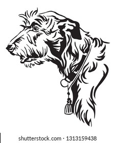 Decorative outline portrait of Dog Irish Wolfhound looking in profile, vector illustration in black color isolated on white background. Image for design and tattoo. 