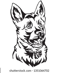 Decorative outline portrait of puppy German Shepherd Dog looking in profile, vector illustration in black color isolated on white background. Image for design and tattoo. 