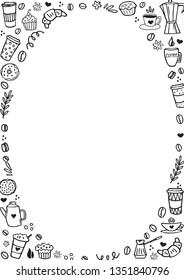 Decorative oval frame with coffee doodles, coffe cups, pastries, desserts, to go caps