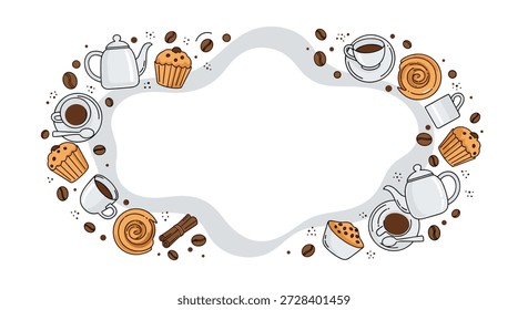 Decorative oval frame composed of coffee cups, teapots, muffins, and sweet rolls for cafe menu or bakery branding.