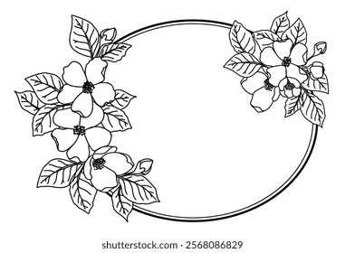 Decorative oval frame with delicate flowers and leaves. Borders decorated with hand drawn delicate flowers, branches, leaves, flower. Vector frame with flowers of jasmine, apple. Vector illustration