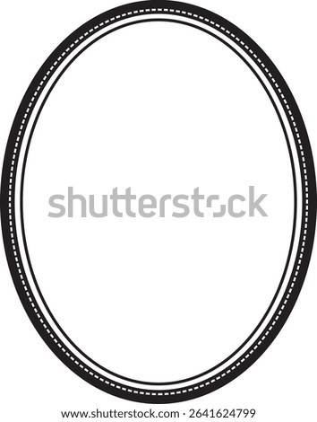 Decorative oval frame with double contour line and dotted border, elegant black and white vector template for photo, text or vintage design, classic ornamental border illustration in minimal style