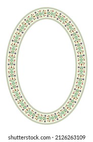 Decorative oval frame with flower design isolated on white background. Style of traditional Mexican embroidery Otomi Tenango. Porcelain decorative border.