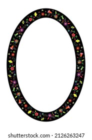 Decorative oval frame with flower design. Style of traditional Mexican embroidery Otomi Tenango. Porcelain decorative border.