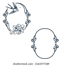Decorative oval frame with flowers, swirls and swallow bird decor