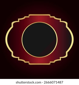  Un marco ovalado decorativo con un fondo rojo brillante y un borde dorado con un borde dentado. En el centro del marco hay un espacio circular negro.