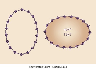 Decorative  oval frame for web cards. Stylized new year eve creative ornamental curved frame, light background, brown colors. Christmas, winter holiday theme. Vector eps 10