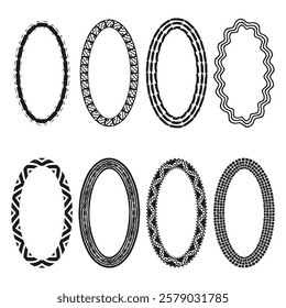 Decorative oval frames. Abstract vector outlines. Artistic black patterns. Symmetric oval shapes.