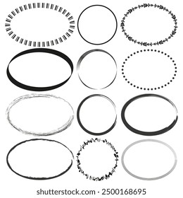 Decorative oval frames. Black and white. Various styles. Vector elements.