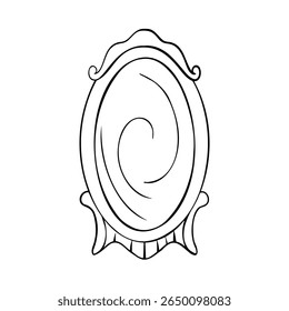 A decorative oval mirror with swirling vortex design graphic