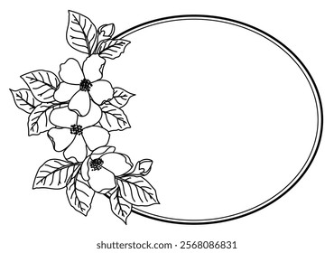 Decorative oval vector frame with delicate flowers and leaves. Borders decorated with hand drawn delicate flowers, branches, leaves, flower. Vector illustration