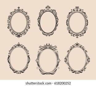 Decorative Oval Vintage Frames And Borders Set. Victorian And Baroque Style Design. Elegant Royal-style Frame Shapes With Swirls For Labels,tags And Invitations. Vector Illustration. 