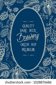 Decorative oval decorative wreath frame composition with inscription that quality dark beer brewery green hop premium in center of card on blue background vector illustration
