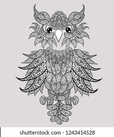 Decorative owl. Adult antistress coloring page. Black and white hand drawn illustration for coloring book