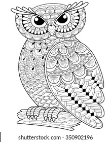 Decorative owl. Adult antistress coloring page. Black and white hand drawn illustration for coloring book