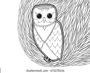 Decorative owl. Antistress coloring page. Vector hand drawn owl for adult and children coloring book.