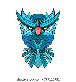decorative owl with big eyes and blue feathers