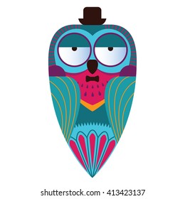 Decorative owl in a bowler hat. Vector illustration.