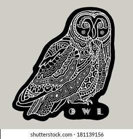 Decorative owl, cute black and white bird, lace pattern, isolated design elements, monochrome vector illustration
