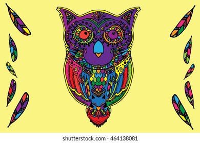 Decorative owl. Decorative feathers. Hand drawn vector stock illustration