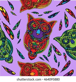Decorative owl. Hand drawn vector stock illustration Seamless background pattern.