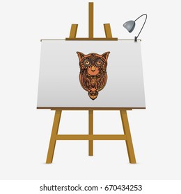 Decorative owl. Hand drawn vector stock illustration on easel