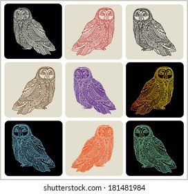 Decorative owl icons set, cute colorful birds, lace pattern, isolated design elements, vector illustration
