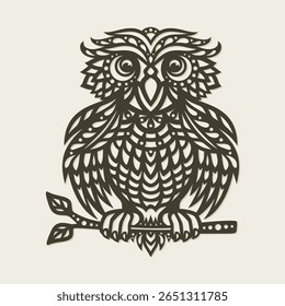 Decorative owl on a branch with leaves. Abstract big-eyed bird with carved wings and body. Wall decoration for interior. Template for plotter laser cutting of paper, wood carving, metal engraving, cnc