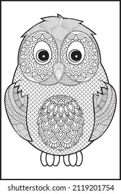 Decorative owl vector graphic, adult coloring page mandala, a tattoo with doodle, zentangle, floral design elements.
