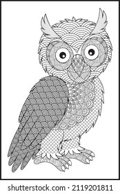 Decorative owl vector graphic, adult coloring page mandala, a tattoo with doodle, zentangle, floral design elements.