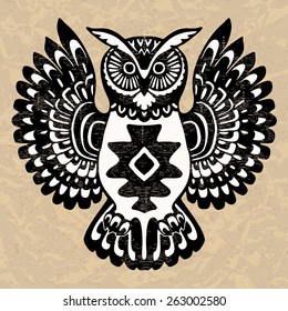 Decorative owl, wild totem animal, Native North American art inspired
