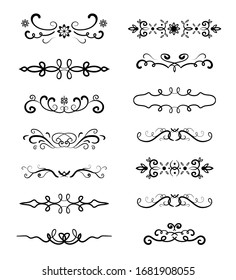 Decorative page divider. Isolated. Hand drawn vector icons set on white background. Original scroll elements. Borders. Vector illustration.