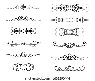 Decorative page divider. Isolated. Hand drawn vector icons set on white background. Original scroll elements. Borders. Vector illustration.