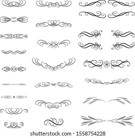 Decorative page divider. Isolated vector icons set on white background. Original scroll elements. Borders. Vector illustration.