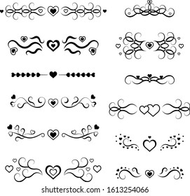 Decorative page divider. Isolated vector icons set on white background. Holiday elements for romantic purposes. Hearts. Valentine's Day. Original scroll elements. Borders. Vector illustration