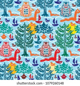 Decorative painted landscape, northern sea
Seamless vector pattern of waves with islands of trees with trees and small houses and floating dragons by boats and birds.