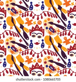 Decorative painted texture with artist tools. Seamless vector pattern from a cartoon face, drawing tools, crown, earrings. Fantastic background in cartoon style.