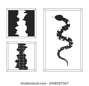 Decorative paintings in frames black and white 2D line cartoon objects set. Images of snake and gaps isolated vector outline items collection. Interior design monochromatic flat spot illustrations