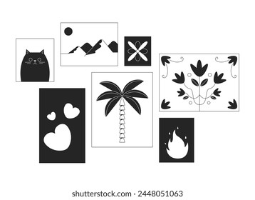 Decorative paintings hanging black and white 2D line cartoon objects set. Artworks for home decor isolated vector outline items collection. Pictures in interior monochromatic flat spot illustrations