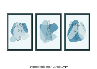decorative paintings posters on the wall with women swimming in the sea or in the pool drawn in one line