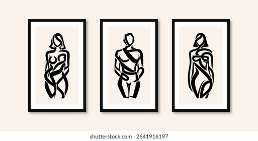 Decorative paintings with two women and a man in the middle, abstract art made with black lines on paintings mounted on the wall