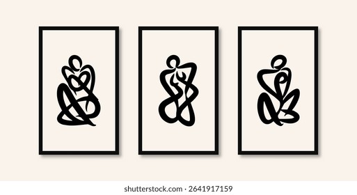 Decorative paintings of women made with thick lines in artistic poses, abstract art made with black lines on paintings mounted on the wall