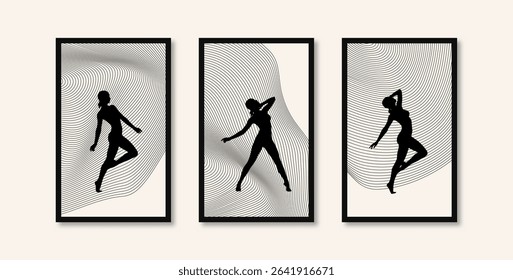 Decorative paintings of women posing with wave-like lines, abstract art made with black lines on wall-mounted paintings